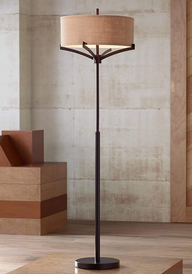 Franklin Iron Works Tremont Modern Mid Century Floor Lamp Standing 62" Tall Deep Bronze Metal Tan Burlap Drum Shade for Living Room Reading Bedroom Office House Home Decor