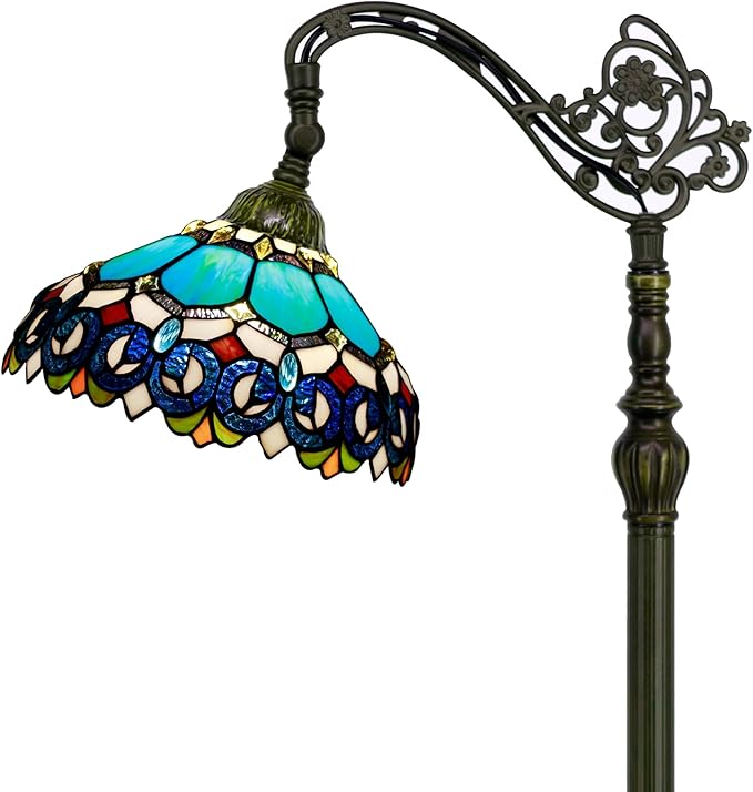 Tiffany Floor Lamp Stained Glass Lamp 18.88X12X67 Inch Angle Adjustable Arched Gooseneck Antique Reading Light (Blue Jewelry Baroque)