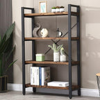 Solid Wood Bookshelf,4 Tier Rustic Vintage Industrial Etagere Bookcase, Open Metal and Wood Vintage Book Shelf, Retro Brown (RealWood)(4-Tier)