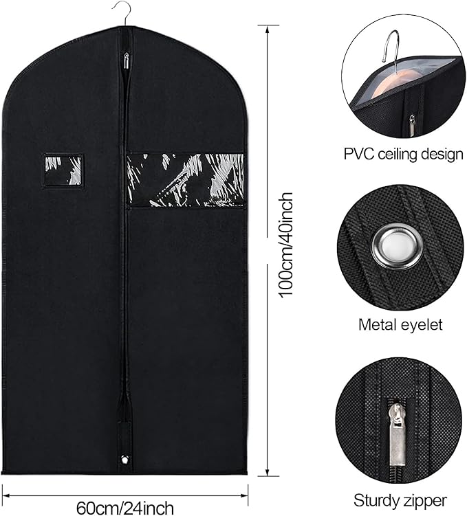BOMEI PACK Black Garment Bags for Hanging Clothes or Travel 40" Suit Bags for Storage of Coats,Sweater, Jacket,T-shirts and Dresses(4 Packs)
