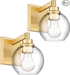 Wall Sconces Set of 2, 1-Light Brushed Gold Sconces Wall Lighting with Globe Clear Glass Shade, Modern Bathroom Vanity Light Fixtures for Mirror Bedroom Living Room, VL195-BG-CL-1-2PK