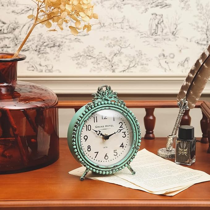 NIKKY HOME Antique Table Clock Silent Non-Ticking, Small Shelf Desk Top Clock Battery Operated Rustic Distressed Design, Shabby Chic Home Decor for Fireplace Mantel, Desktop, Countertop- Green