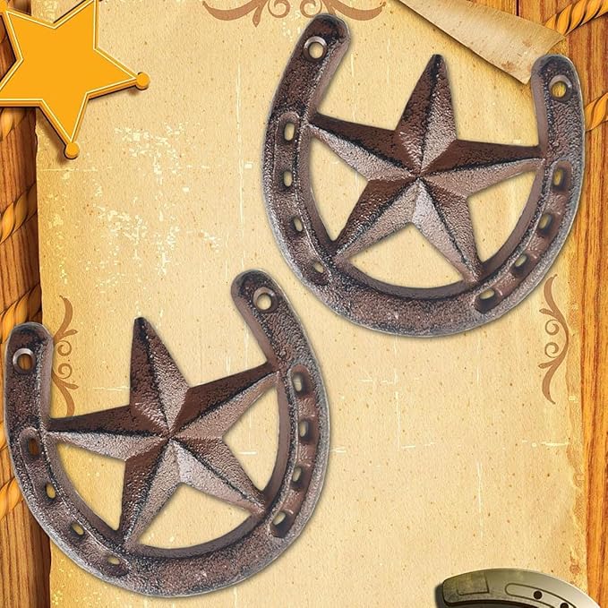 RONYOUNG Cast Iron Horseshoe with Star Wall Decor, Medium Horseshoe Durable Cast Iron for Indoor Or Outdoor