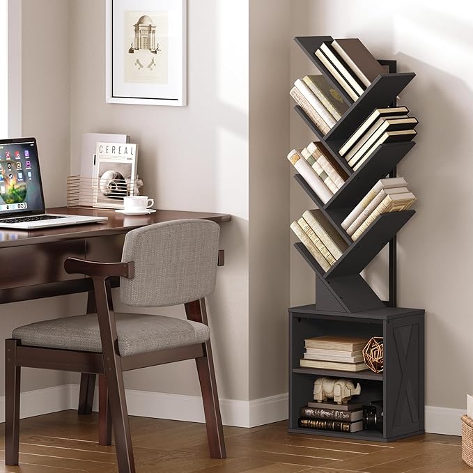 Tree Bookshelf, 6 Tier Bookcase with 2 Storage Racks, Free Standing Wooden Bookcase, Floor Standing Book Shelf Organizer for Living Room, Bedroom, Study, Home Office, Black