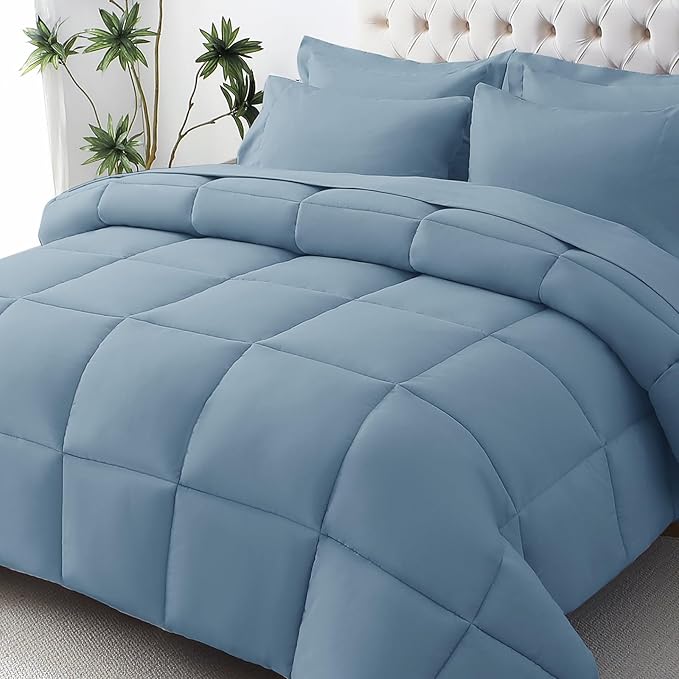 JOLLYVOGUE Queen Comforter Set, Ultra-Soft Bed in a Bag Queen Size 7 Pieces, Oeko-TEX Certified Bedding Set with Down Alternative Comforter, Sheets, Pillowcases & Shams, Dusty Blue