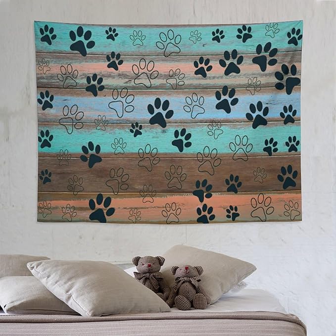 VUMIVI Dog Paw Print Tapestry Rustic Farmhouse Vintage Wood Paneling Home Decor Tapestry Wall Hanging for Living Room Bedroom Dorm Classroom Aesthetic Decor W80xL60in
