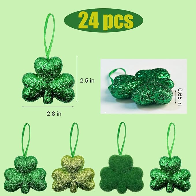 St Patrick's Day Shamrocks Hanging Ornaments, 24Pcs Green Shamrocks Hanging Ornament Luck Clover Bauble Decoration for Saint Patrick's Party Supplies Tiered Tray Table Crafts Decor