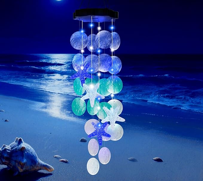 Solar Starfish Wind Chimes for Outside Mobile Shells Wind Chimes Hanging Decorative Lights for Holiday Garden Porch Yard Window Party Outdoor Decor, Gift for Mom Grandma Wife Girlfriend Neighbors