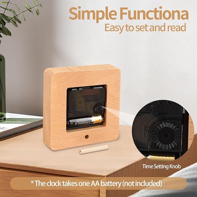 Wooden Desk Clock, 4 inch Small Analog Clock Desktop Decoration, Modern Desk and Shelf Clock, Silent Non-Ticking Battery Operated Table Clock, Mantel Clock for Office, Living Room, Bedroom