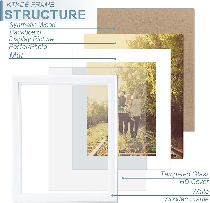 KTKDE 11x17 Picture Frame Real Glass,Poster frame Display Pictures 9x15 with Mat or 11x17 Without Mat, Modern Style Wood Composite Frame,Gallery Wall Frame Wooden White ，best gift