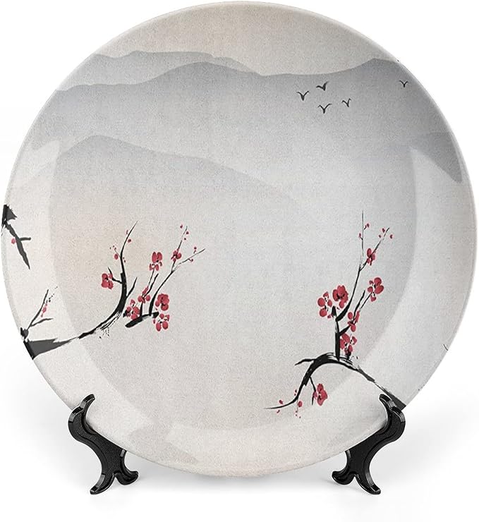 Decorative Plates, Asian Print Ornament, Japanese Nature Landscape National Flower, 8 Inch, Kitchen Wall Decor, Beige Red Black