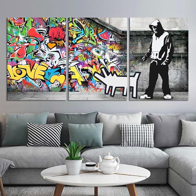 Novatique Classic Graffiti Wall Art Banksy Canvas Wall Art Street Pop Art Framed Ready to Hang Colorful Graffiti Picture Wall Decor for Living Room Bedroom, 20" x 28" x 3Pcs