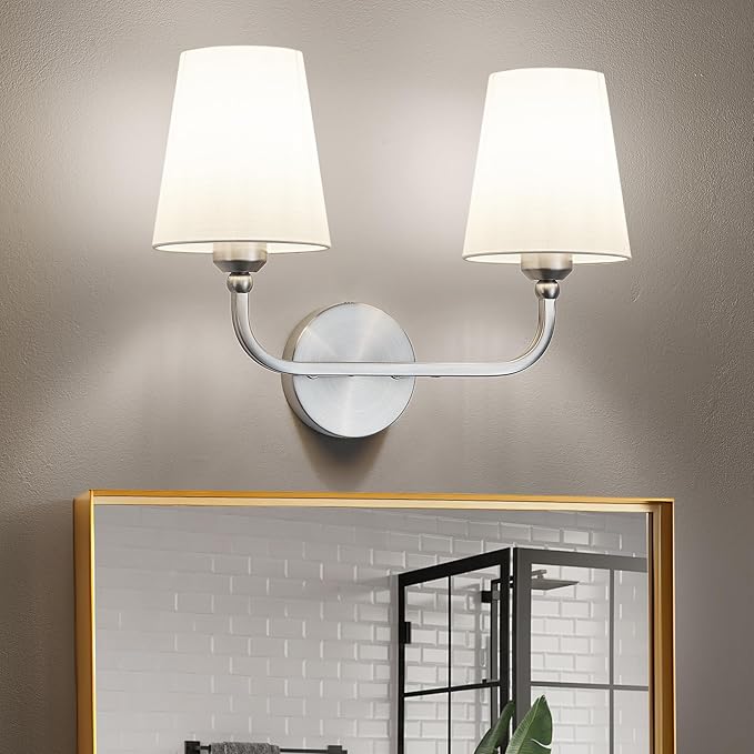 Kvhilw Bathroom Vanity Light, Brushed Nickel Bathroom Light Fixtures, 2-Light Lighting Fixtures Over Miror, Modern Wall Sconce with Flared White Fabric Shade, E26 Socket(ETL Listed)