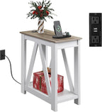 WLIVE Farmhouse End Table, Narrow Side Table with Charging Station, Slim End Table, Side Table for Bedroom, Living Room, Small Spaces, 2 USB and 2 Power Outlets, 11.8" D x 23.6" W x 23.74" H