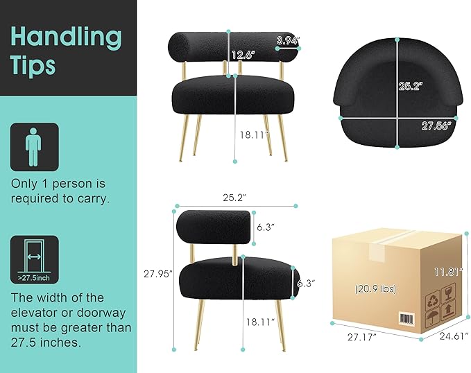 Mid Century Sherpa Boucle Accent Chair, Round Upholstered Barrel Arm Chair for Small Spaces, Fluffy Side Corner Sofa Chair for Living Room, Bedroom, Vanity, Office, Reading Nook(Black)