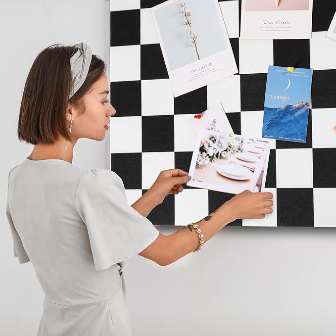 Geyoga 12 Pcs Cork Board for Wall 12 x 12 Inch Retro Black and White Checkered Bulletin Board Acoustic Wall Panels Boho Felt Tiles Cute Self Adhesive Hanging Decor for Office Home Classroom(Classic)