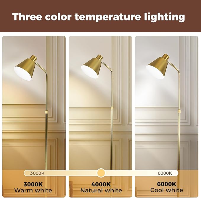 Modern Gold Reading Lamps Floor Standing, 12W Dimmable LED Vintage Brass Standing Lamp for Bedroom, Adjustable Heights Antique Brass Tall Floor Lamp, for Reading Home Corner Living Room