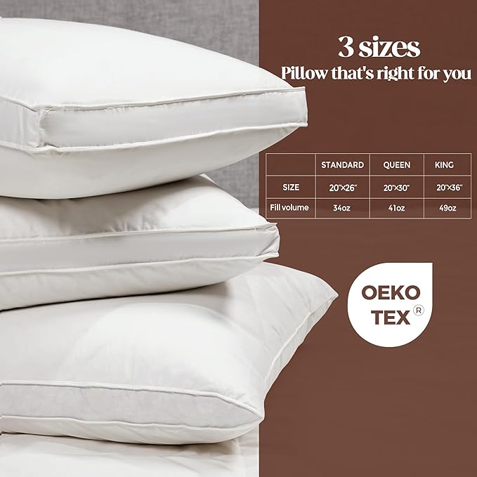 Bafode Goose Feathers Down Pillows, Pillows Standard Size Set of 2, Cotton Cover,Gusseted Hotel Collection Bed Pillow for Back, Stomach or Side Sleepers