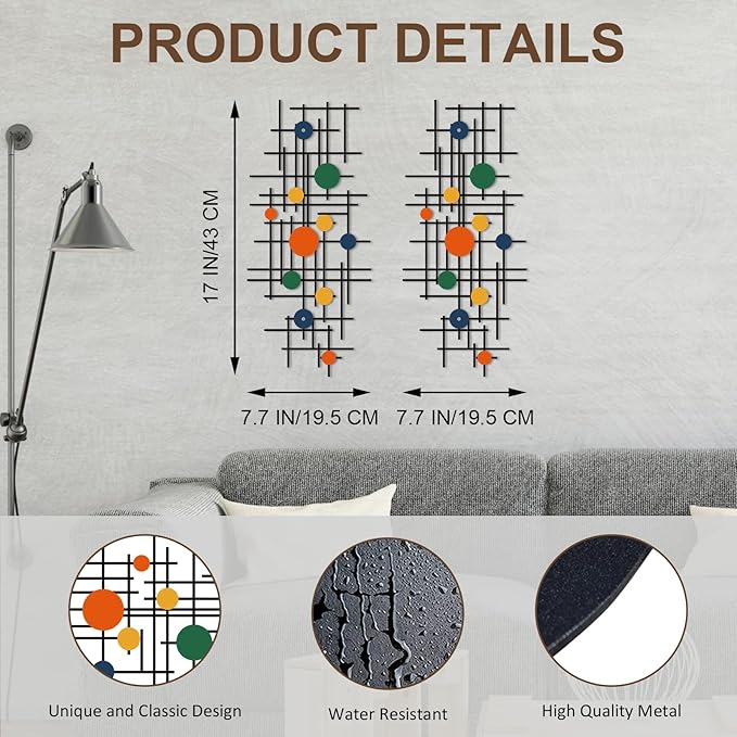 ruelen Set of 2 Minimalist Geometric Wall Decor - Modern Metal Wall Art for Living Room, Bedroom & Office – Abstract 3D Design in Bright Colorful Style