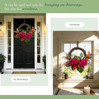 Solar Spring Wreath 24 inchWreath for Front Door Pre-lit 50LED Spring Decorations for Outside Flower Basket Summer Decor Wreath for Wall Festival Holiday Farmhouse Decor(2406)