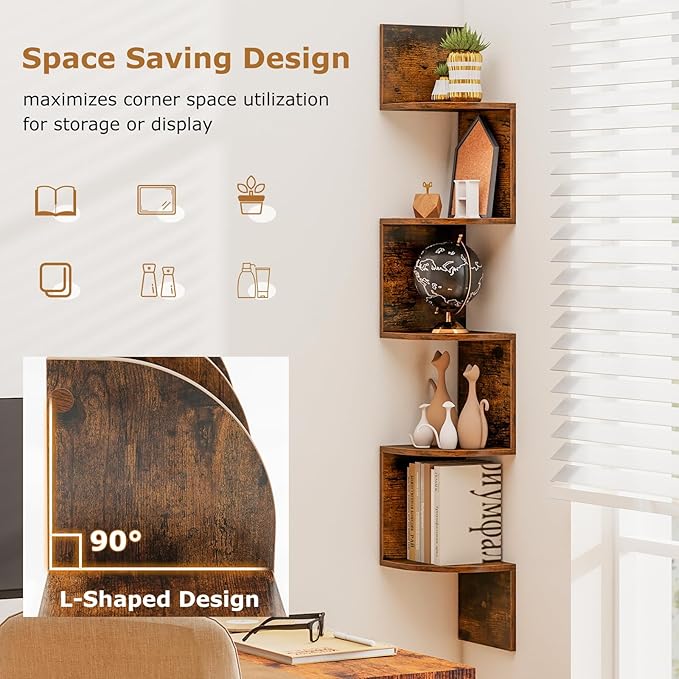 Tangkula 5-Tier Corner Shelf Wall Mount, Farmhouse Floating Corner Bookshelf, Industrial Modern Display Shelf Stand, Wooden Storage Organizer for Living Room Home Office (2, Rustic Brown)