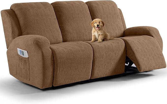 VANSOFY Recliner Couch Cover, 8-Pieces Stretch Recliner Sofa Cover Soft Jacquard Reclining Slipcover Furniture Protector with Elastic Bottom for Kid, Pets(3 Seat,Light Coffee)