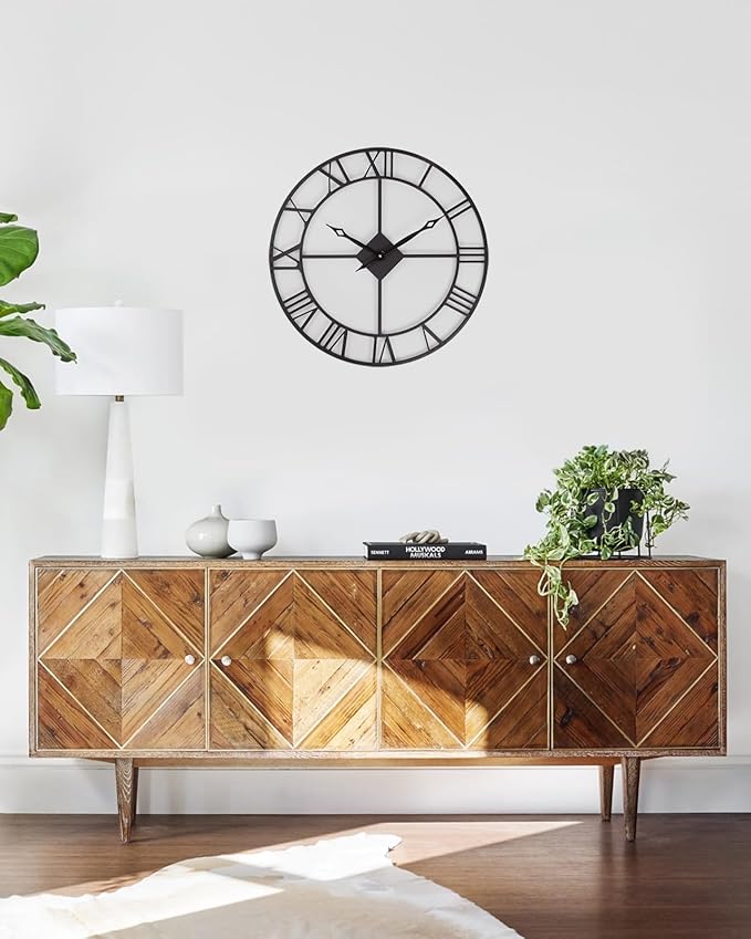 24 Inch Wall Clock, Large Roman Numerals Wall Clocks Battery Operated, Slient Vintage Skeleton Black Metal Indoor Outdoor Clocks for Living Room, Bedroom, Kitchen, Dining Room, Patio Decor