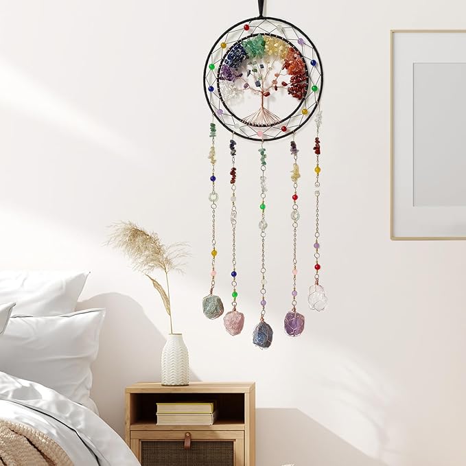 Crystal Tree of Life Dream Catchers with Stone Pendant Colorful Dream Catcher Wall Decor Handmade Dreamcatcher Wall Hanging Ornament for Bedroom Living Room Home Decor