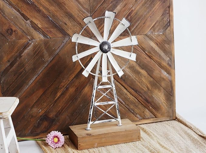 Rustic White Farmhouse Windmill Table Decor - Distressed Metal & Wood Windmill for Kitchen, Living Room, Office, or Shelf Decoration