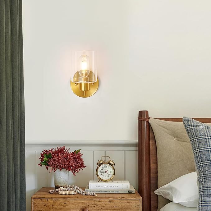 1-Light Wall Sconce Gold,Vanity Light, Wall Mount Bathroom Mirror Fixtures, Brass Bathroom Light fixtures with Clear Glass Shade for Bedroom, Entrance, Hallway, Living Room (1 Pack)