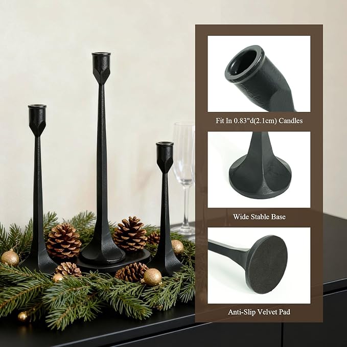 Tall Black Cast Iron Candlestick Holders Set of 3, Wrought Iron Tall Taper Candle Holders, Candle Sticks Holders Decor for Home Decor, Mantle, Table, Wedding-11.8"+13.8"+15.4"(Black)