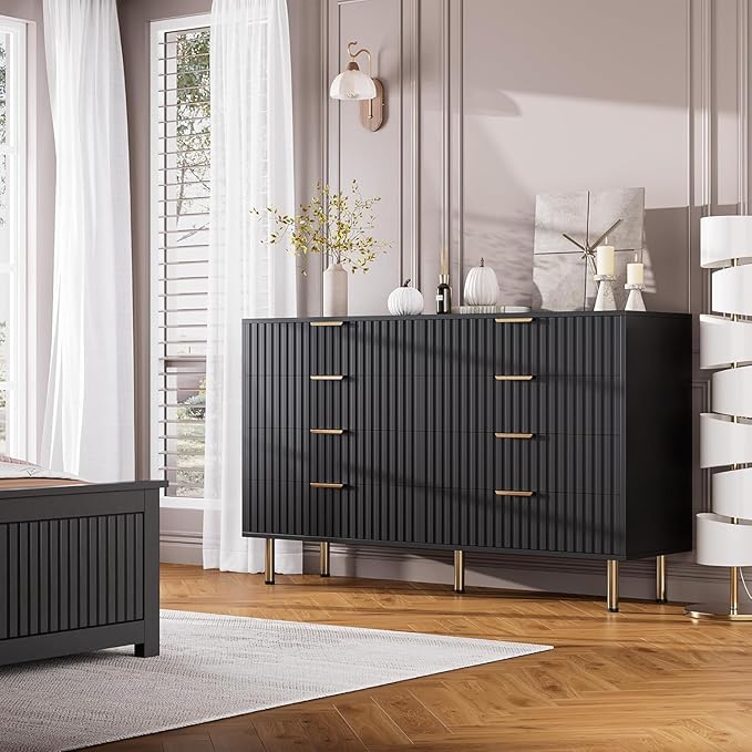GarveeHome 8 Drawer Dresser for Bedroom, Fluted 55 in Wide Modern Chest of Drawers with Deep Drawers, Wooden Dresser Organizer for Living Room, Hallway, Kids Room, Black
