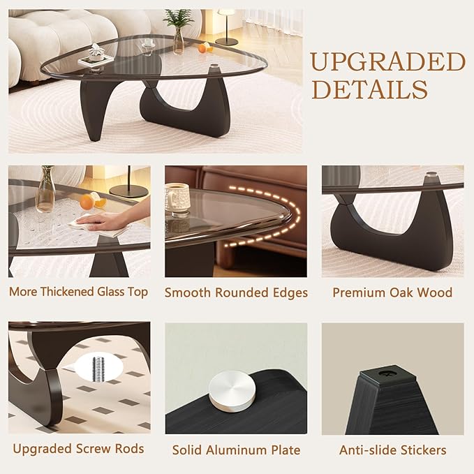 Coffee Table for Living Room Mid Century Modern Center Small Table with Glass Top and Wood, Black Transparent