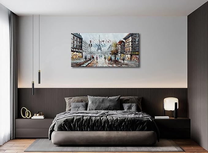 Alenoss Modern Oil Paintings on Canvas Wall Art, Paris Eiffel Tower Landscape Abstract Paintings for Living Room Bedroom Office Wall Decor 48x24 Inches, Ready to Hang