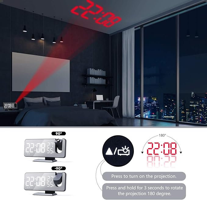Projection Alarm Clock for Bedroom Ceiling Digital Clock Radio with USB Charger Ports 180° Rotatable Projector, 12/24H,Snooze,Dual Loud Alarm Clock (Black)
