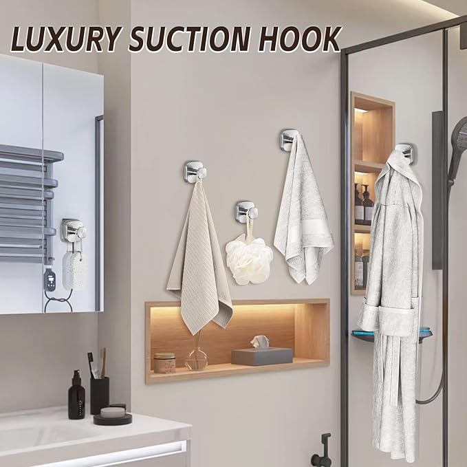 Heavy Duty Reusable Suction Cup Hooks for Kitchen/Bathroom/Shower - Wet-Proof Hooks for Towels, Robes, Loofah&Wreaths/No Drill Mounting on Glass, Tile, Metal (2, Brushed Nickel)
