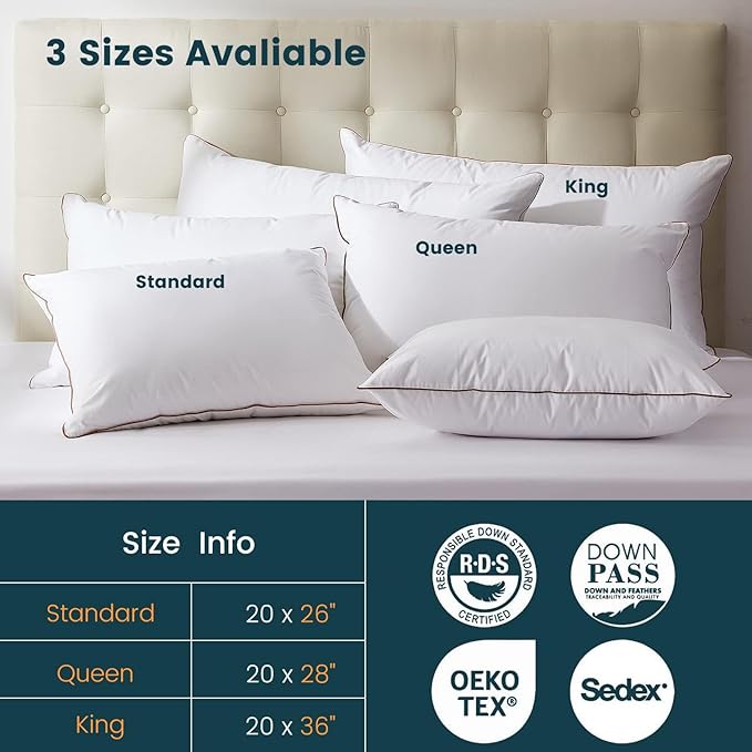 Luxury Down Fiber Pillows Queen Size, Bed Pillows for Sleeping, Pillow for Back, Stomach or Side Sleepers