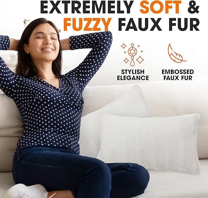 Cheer Collection Faux Fur Throw Pillows - Decorative Pillows for Couch, Bed Throw Pillows, White Accent Pillows for Bedroom or Living Room Aesthetic, Set of 2 Furry Throw Pillows, 12" x 20"