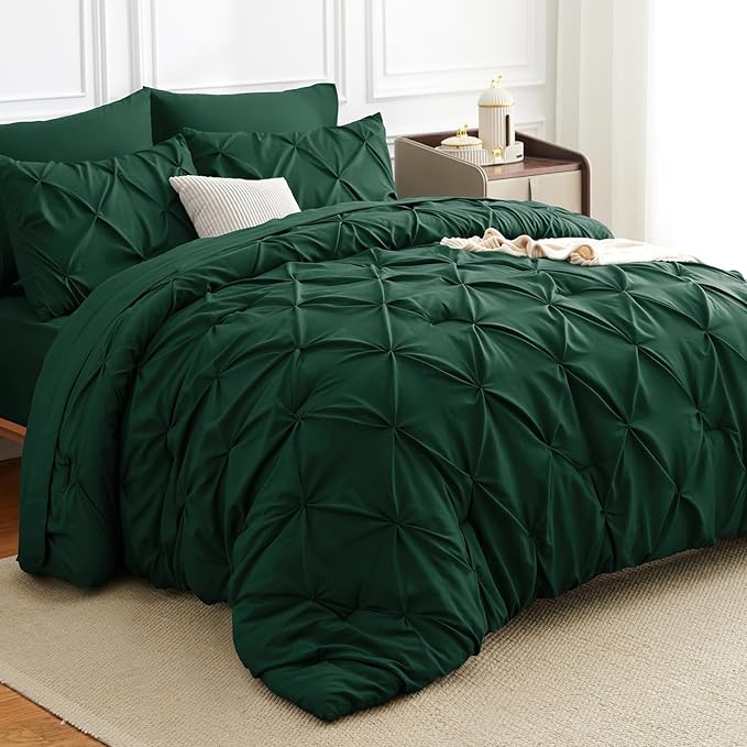 CozyLux Queen Comforter Set Emerald Green, 7 Pieces Pintuck Bed in A Bag, Premium Green Comforter Queen Size, Pinch Pleat Bedding Sets with Comforter, Sheets, Pillowcases & Shams