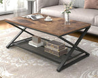 LVB Rustic Coffee Table, Industrial Metal Wood 2 Tier Cocktail Tea Table with Storage for Living Room, Farmhouse Wooden Rectangle Center Table with Mesh Shelf for Office Bedroom, 39 inch, Rustic Brown