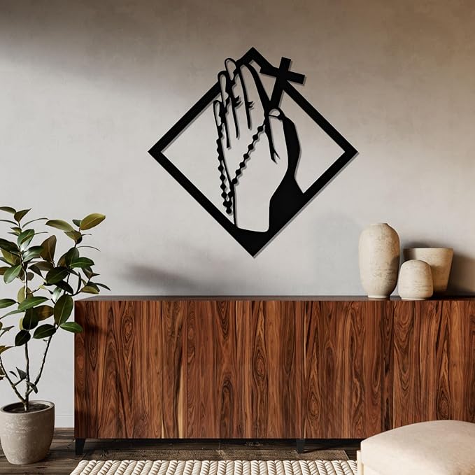 SZI Praying Hands Wall Art Metal, Metal Crosses Wall Decor, Prayer Hands Decor, Serenity Prayer Wall Art for Living Room, Bedroom (19"x19"/47x47cm, White)