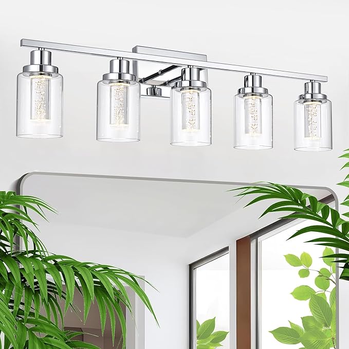 MELUCEE 5 Color Dimmable Bathroom Vanity Light Fixtures 5-Light Bath Wall Lights Modern LED Vanity Lights for Bathroom Chrome with Crystal Bubble Clear Glass Shade, Built-in LED Chips