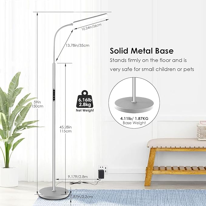 Dimunt LED Floor Lamp, Bright 15W Floor Lamps for Living Room with 1H Timer, Stepless Adjustable 3000K-6000K Colors & Brightness Standing Lamp with Remote & Touch Control Reading Floor Lamps-Silver