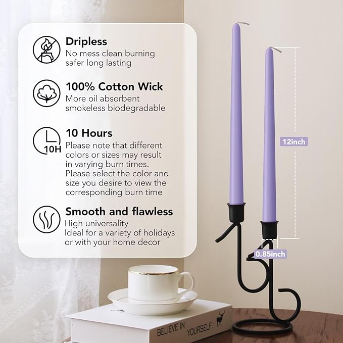 New Burning Formula Unscented Dripless 12-Inch Taper Candles Set of 12 - Lavender, for Wedding, Dinner - Smokeless, Long Burning - Hand Poured, Colored Tall Candlesticks - Lavanda