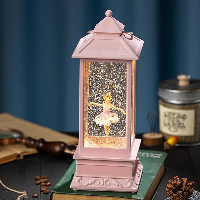 Snow Globe Lantern with Ballet Girl Ballerina – Shatterproof 8 Songs Musical Box Automatic Snowfall Led Light USB & Battery Powered,for Valentine’s Day Gifts Present Birthday Home Fall Decoration,Pink