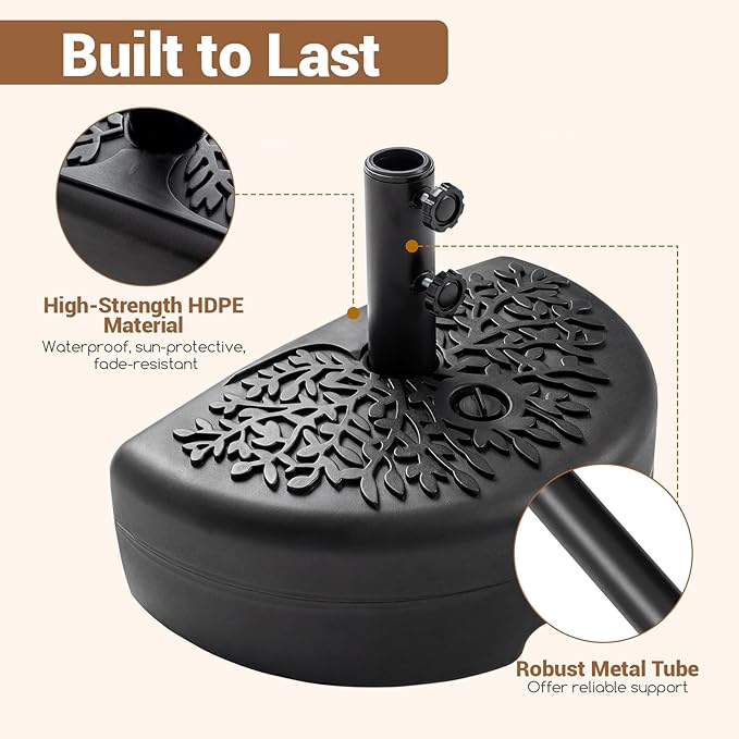 Tangkuls 55 LBS Half Round Umbrella Base, Water & Sand Fillable Heavy Duty Umbrella Weight for 1.57” & 1.91” Poles, Patio Umbrella Base for Deck Lawn Poolside, Textured (55, Pounds)