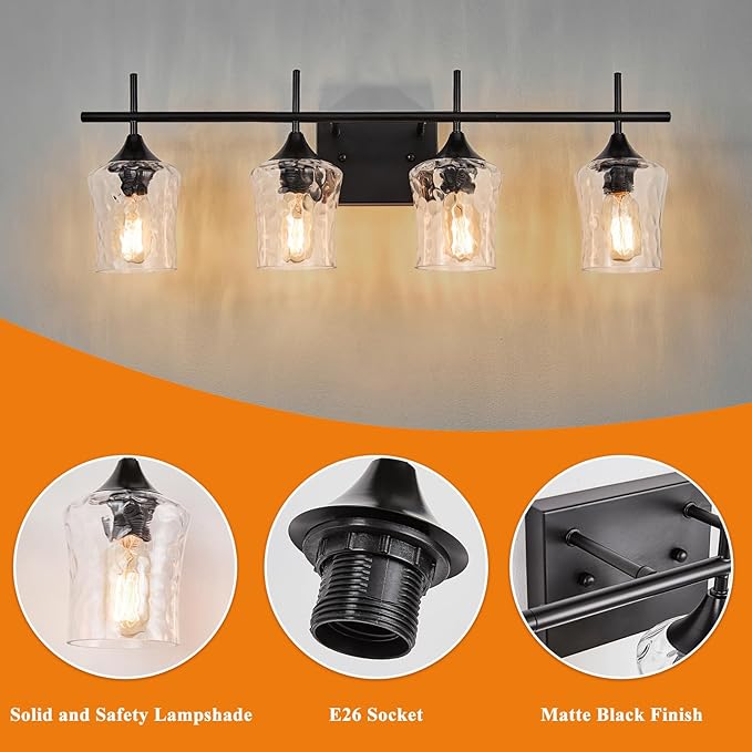Modern Glass Vanity Light Fixture,4 Light Industrail Black Metal Vanity Light for Bathroom Bedroom Living Room