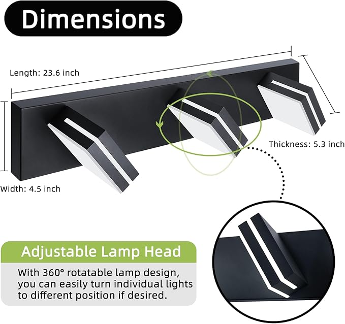 OKELI Bathroom Light Fixtures Black Modern 3-Lights Vanity Light Over Mirror LED Dimmable 350° Adjustable Lamp Head 24W 6000K Cool White ETL Listed 24 Inch
