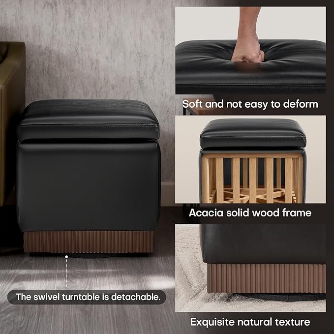Swivel Storage Ottoman with Hidden Compartment, Square Faux Leather Footstool, Solid Acacia Wood Frame, 500 lbs Capacity, No Assembly Required, for Living Room & Bedroom