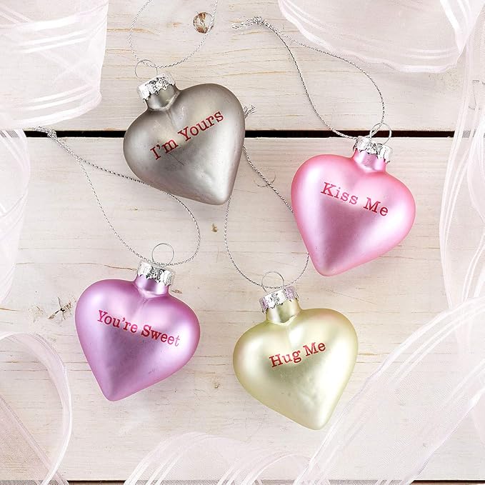 Lillian Vernon Pastel Candy Conversation Hearts Valentines Ornaments - 12-Piece Assortment, Blown Glass, Handcrafted Hanging Tree Decorations, Pastel Heart Holiday & Party Decor, 2.5 in Tall